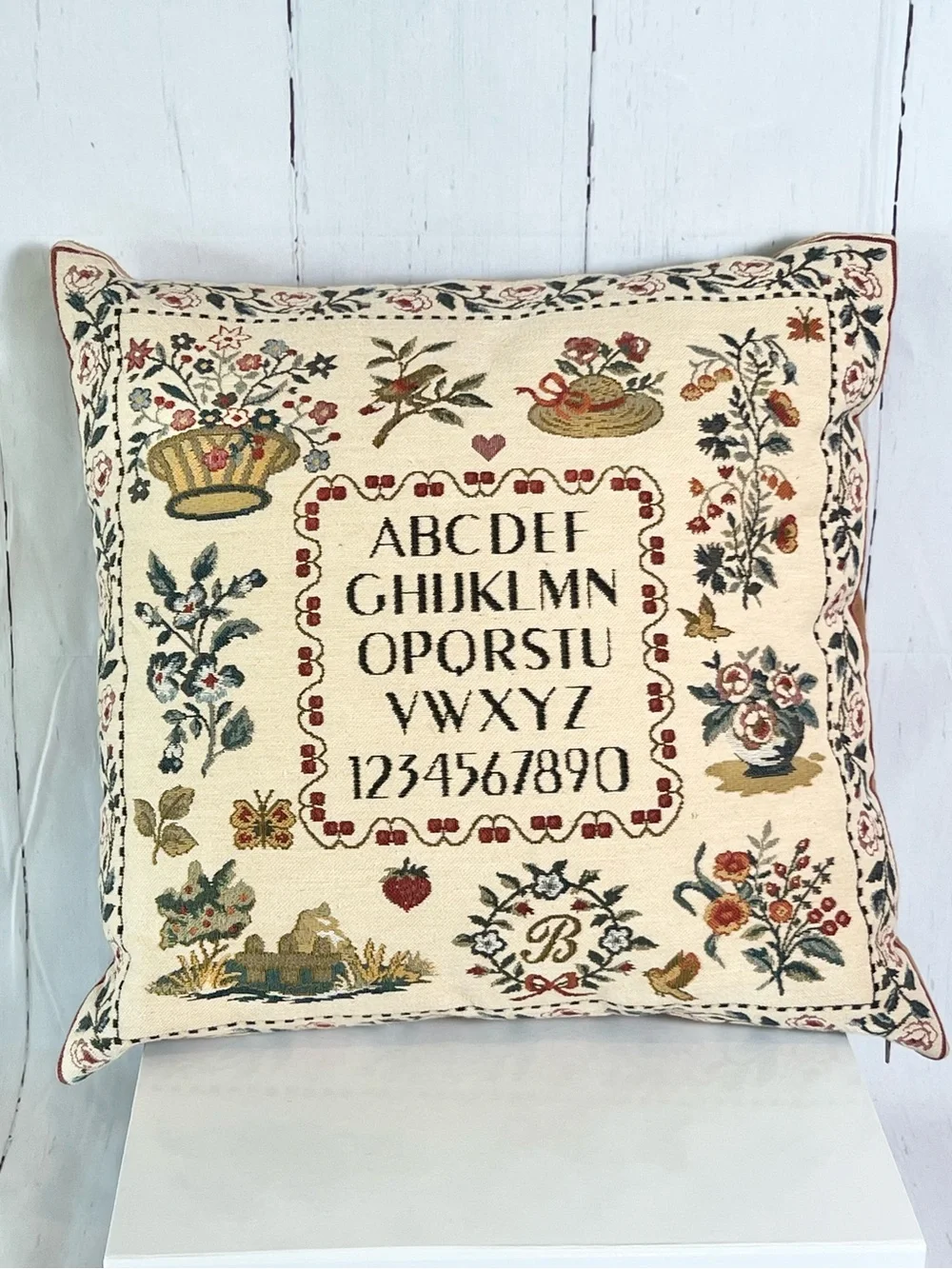 Vintage Belgian Flemish Tapestry Alphabet Sampler Throw Pillow 18x18